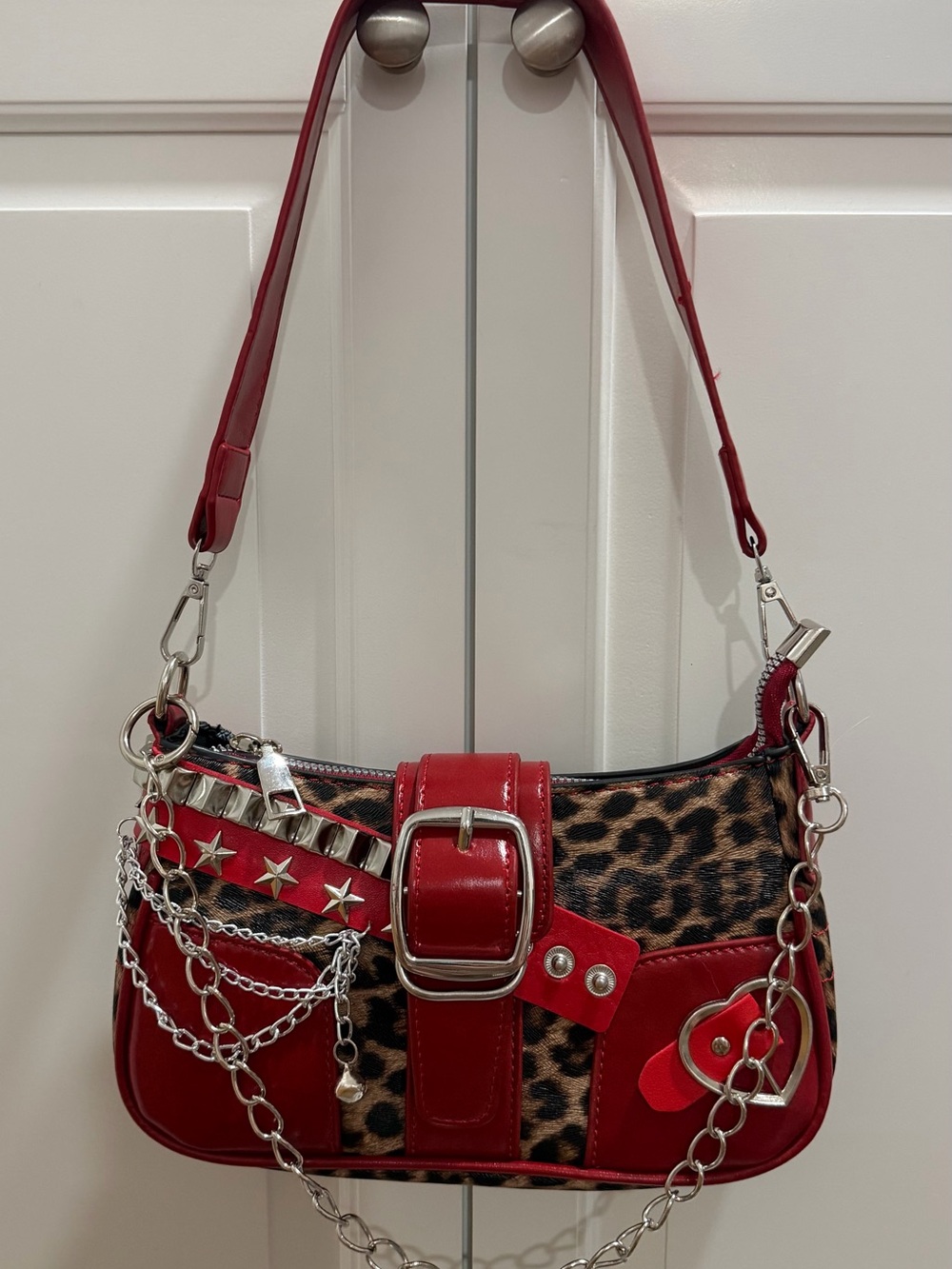 Red Leopard-Trim Shoulder Bag with Chain & Stud Accents